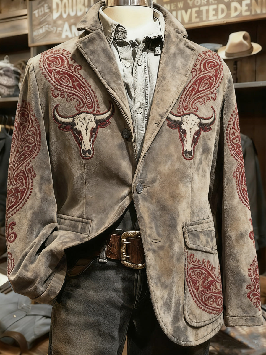 Men's Retro Western Style Art Print Casual Corduroy Pocket Blazers